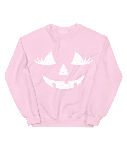 Crewneck sweatshirt with a distressed jack-o’-lantern face, shown flat
