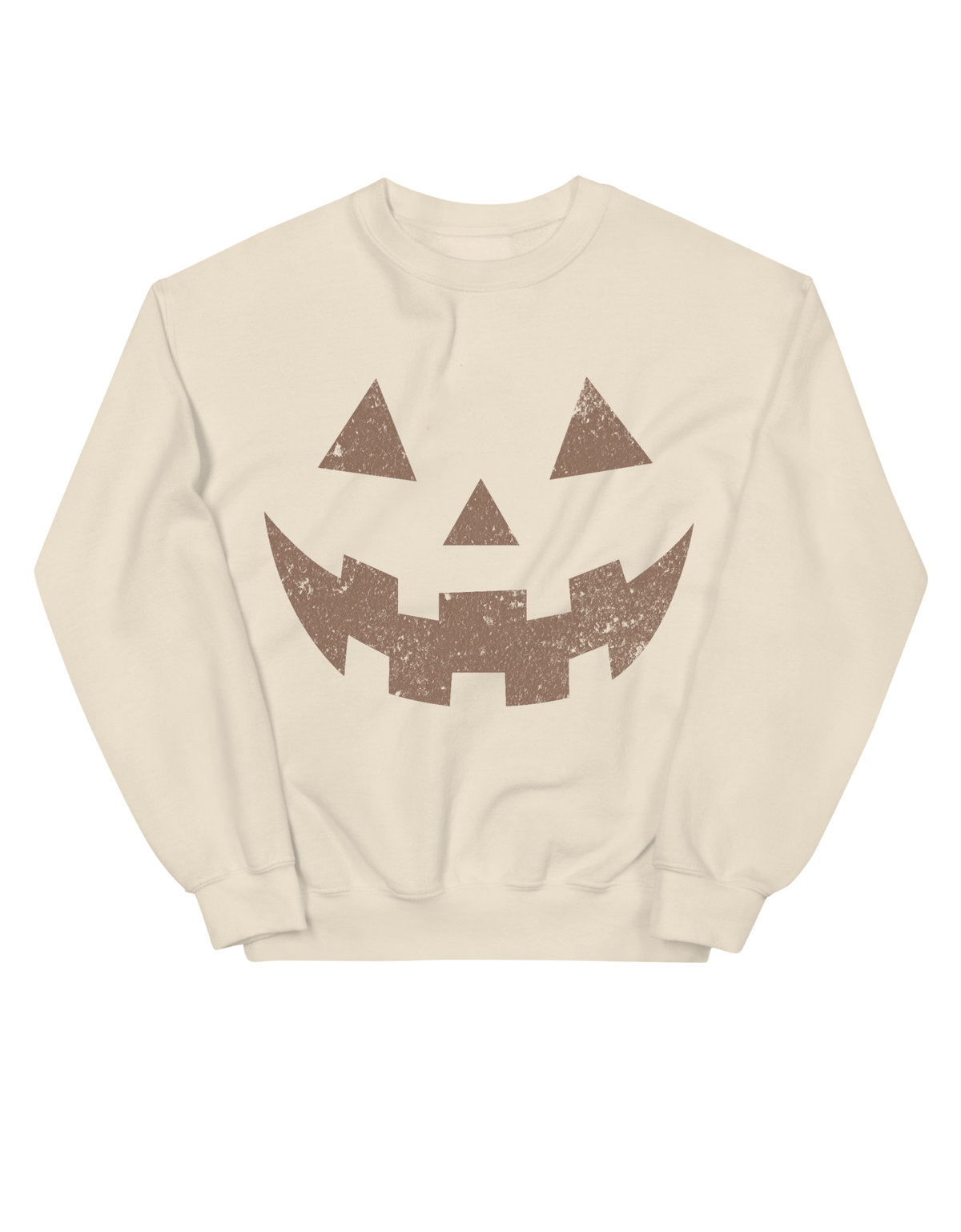 Crewneck sweatshirt with a distressed jack-o’-lantern face printed on the front