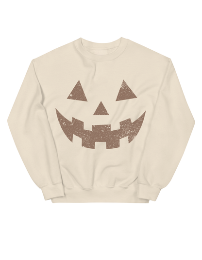 Crewneck sweatshirt with a distressed jack-o’-lantern face printed on the front