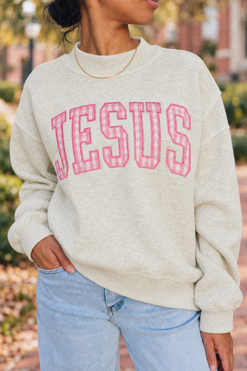 JESUS Appliqué Mock Neck Sweatshirt