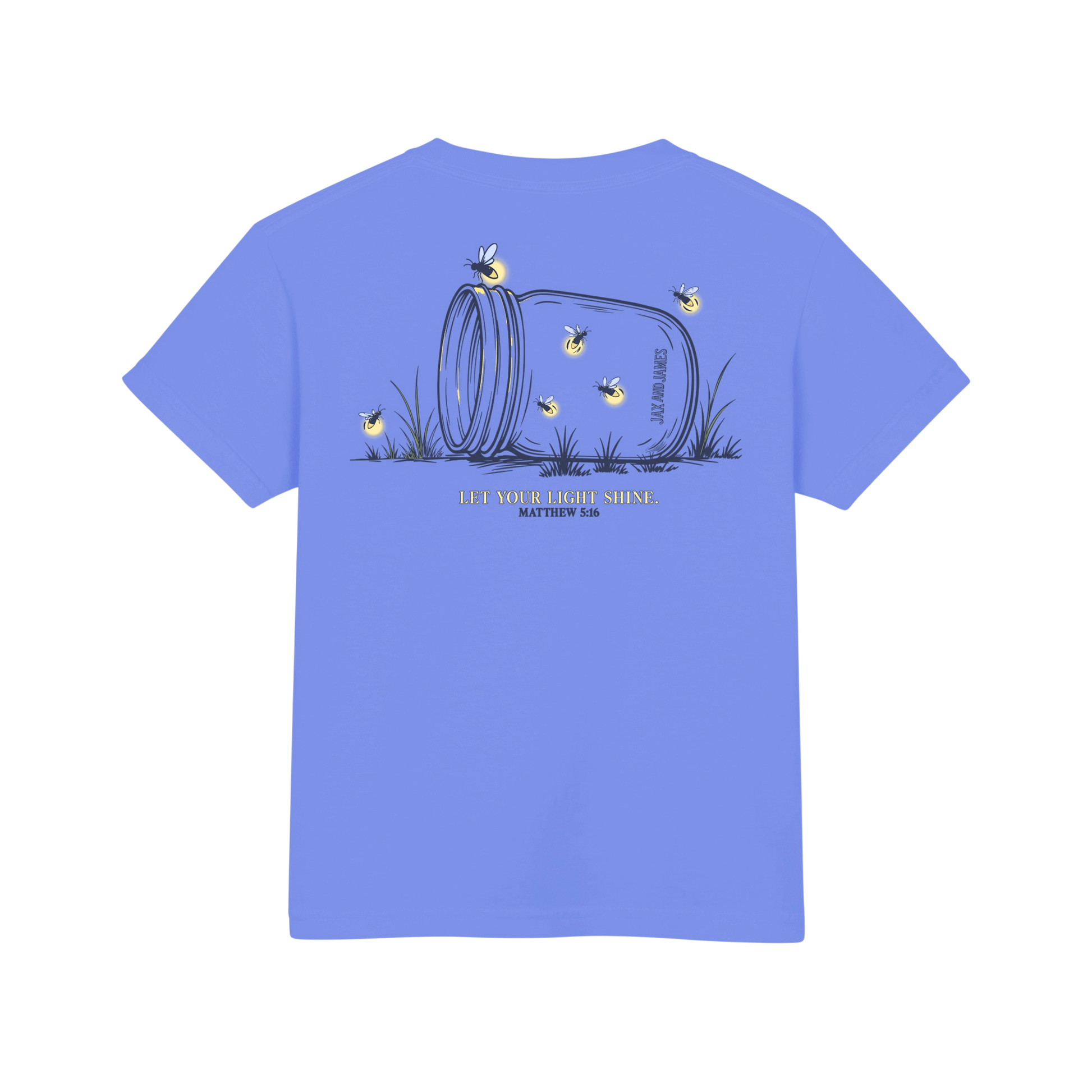 Blue t-shirt with a summer graphic design on the back featuring a mason jar and fireflies. Bible verse text.