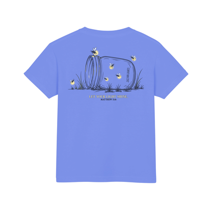 Blue t-shirt with a summer graphic design on the back featuring a mason jar and fireflies. Bible verse text.