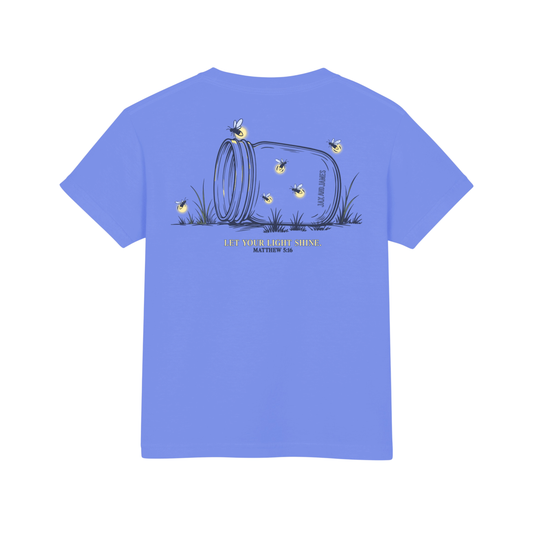 Blue t-shirt with a summer graphic design on the back featuring a mason jar and fireflies. Bible verse text.