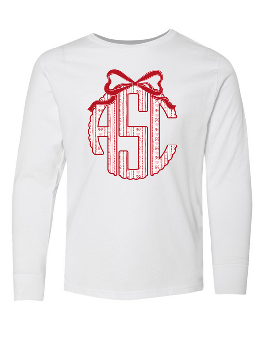 Heartfelt Bow Scallop Monogram Long Sleeve Specialty Tee