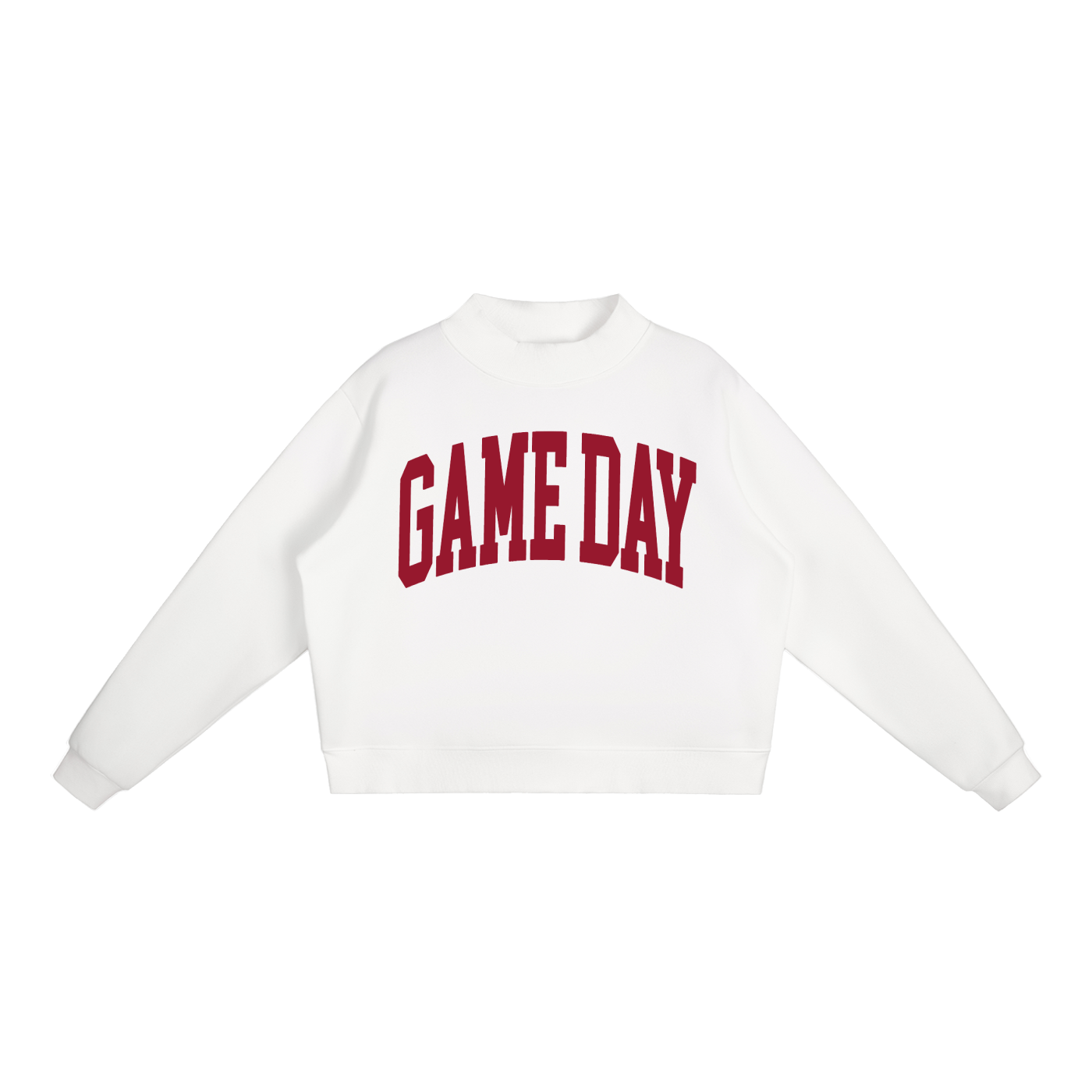 Game Day Mock Neck Sweatshirt in White with Crimson artwork