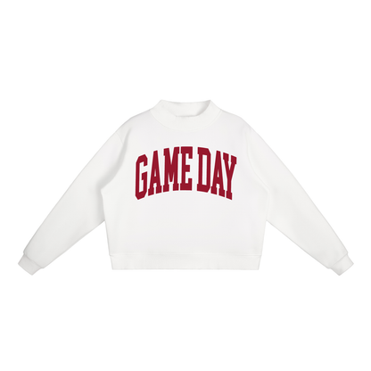 Game Day Mock Neck Sweatshirt in White with Crimson artwork