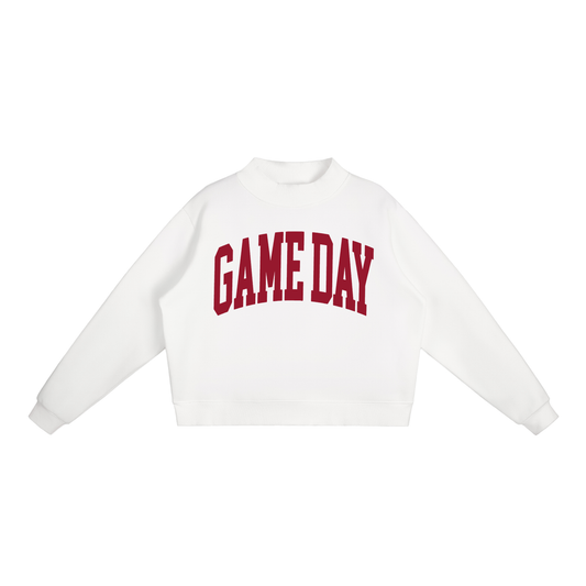 Game Day Mock Neck Sweatshirt in White with Crimson artwork