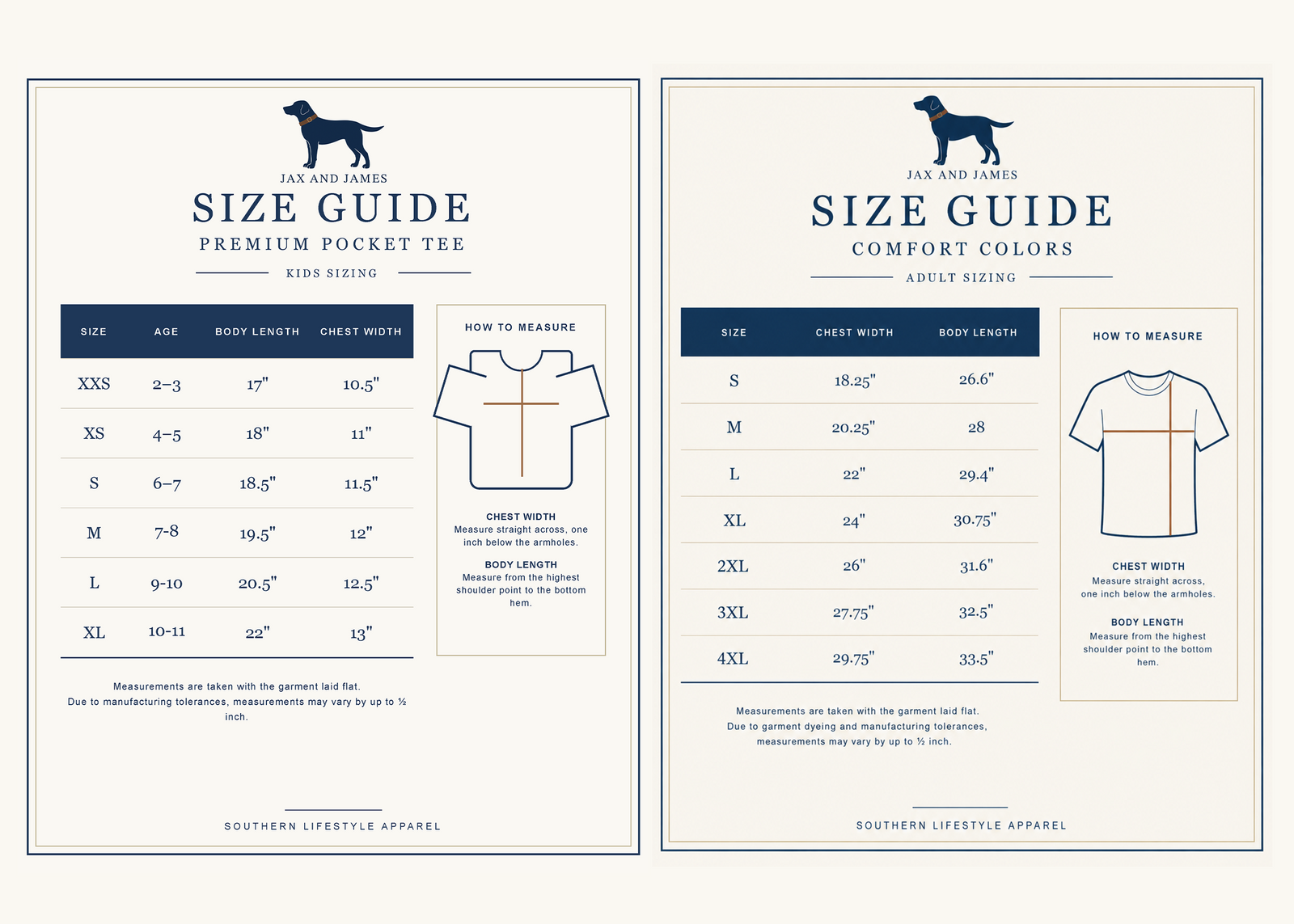 Pocket Tees size chart