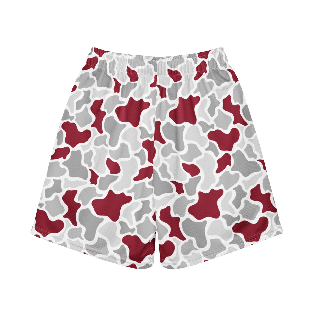 Jax and James Crimson Camo Youth Mesh Shorts in crimson, grey and white duck camo, back view