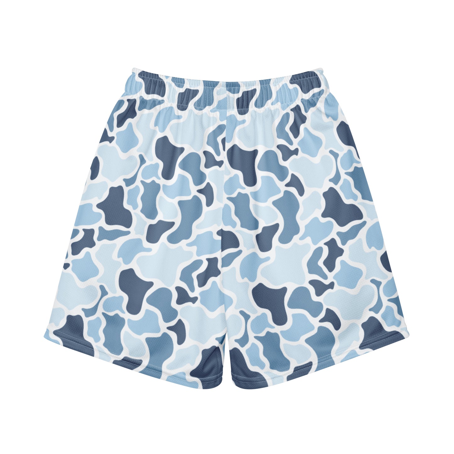 Jax and James Icy Blue Camo Youth Mesh Shorts in light blue, navy and white duck camo, back view