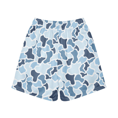 Jax and James Icy Blue Camo Youth Mesh Shorts in light blue, navy and white duck camo, back view