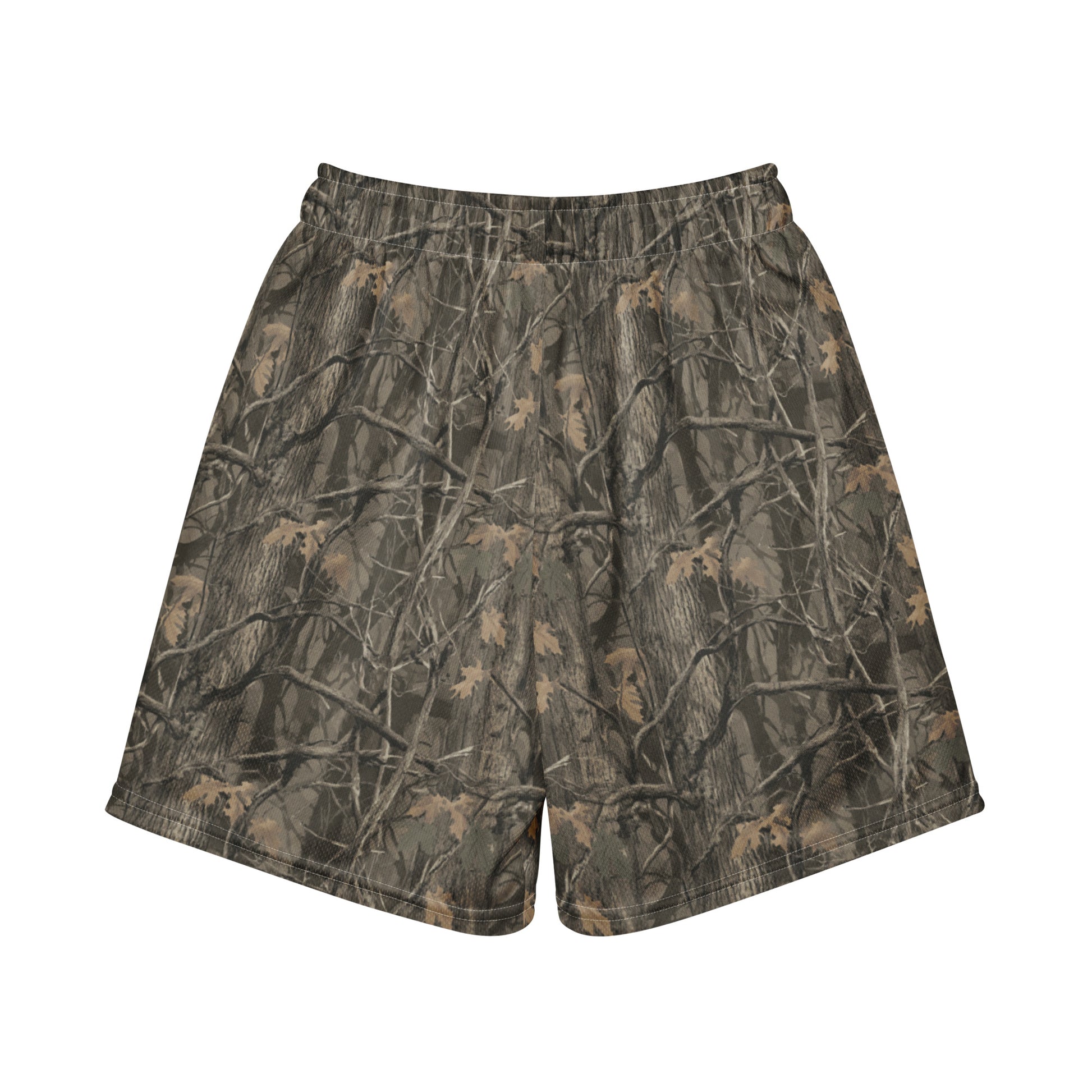 Jax and James Woodland Camo Youth Mesh Shorts in dark brown, olive and black tree camo, back view