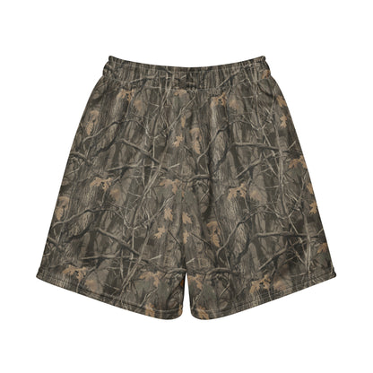 Jax and James Woodland Camo Youth Mesh Shorts in dark brown, olive and black tree camo, back view