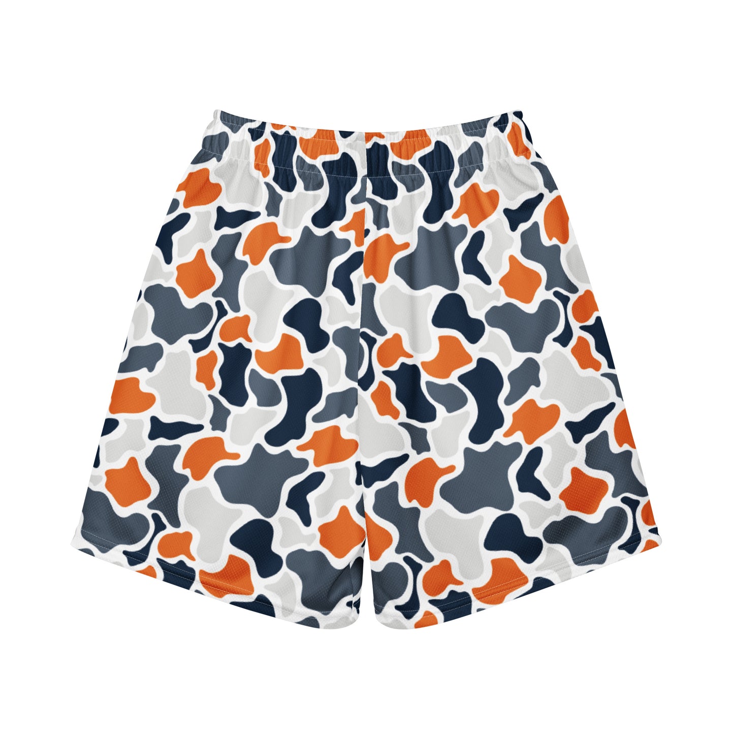 Jax and James Navy & Orange Camo Youth Mesh Shorts in navy, orange and grey duck camo, back view