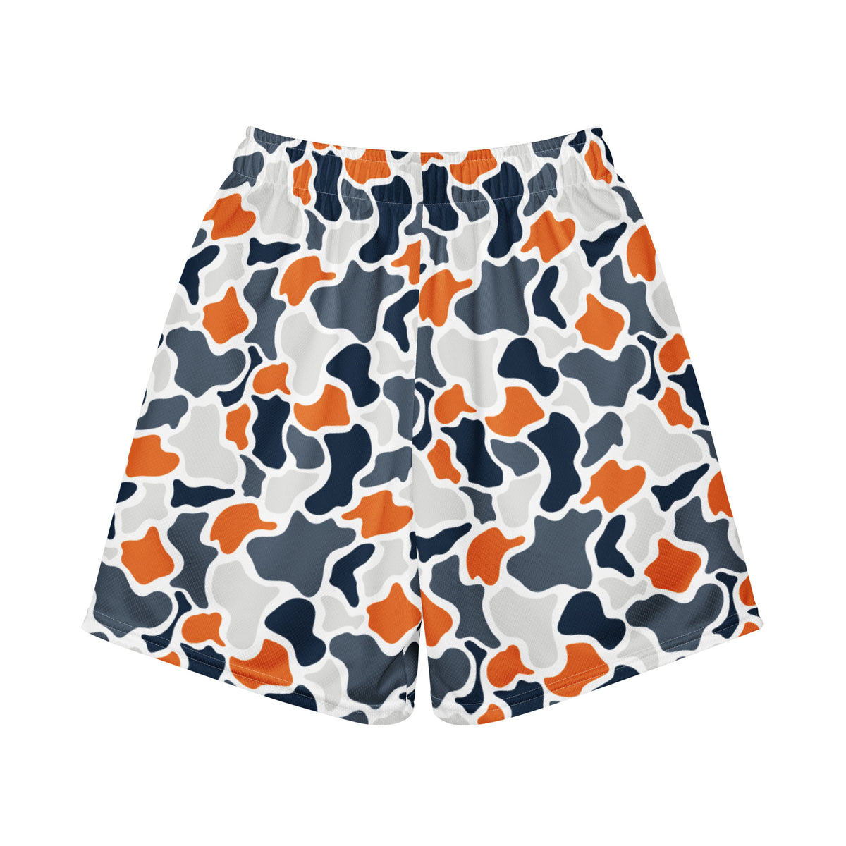 Jax and James Navy & Orange Camo Youth Mesh Shorts in navy, orange and grey duck camo, back view