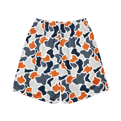 Jax and James Navy & Orange Camo Youth Mesh Shorts in navy, orange and grey duck camo, back view