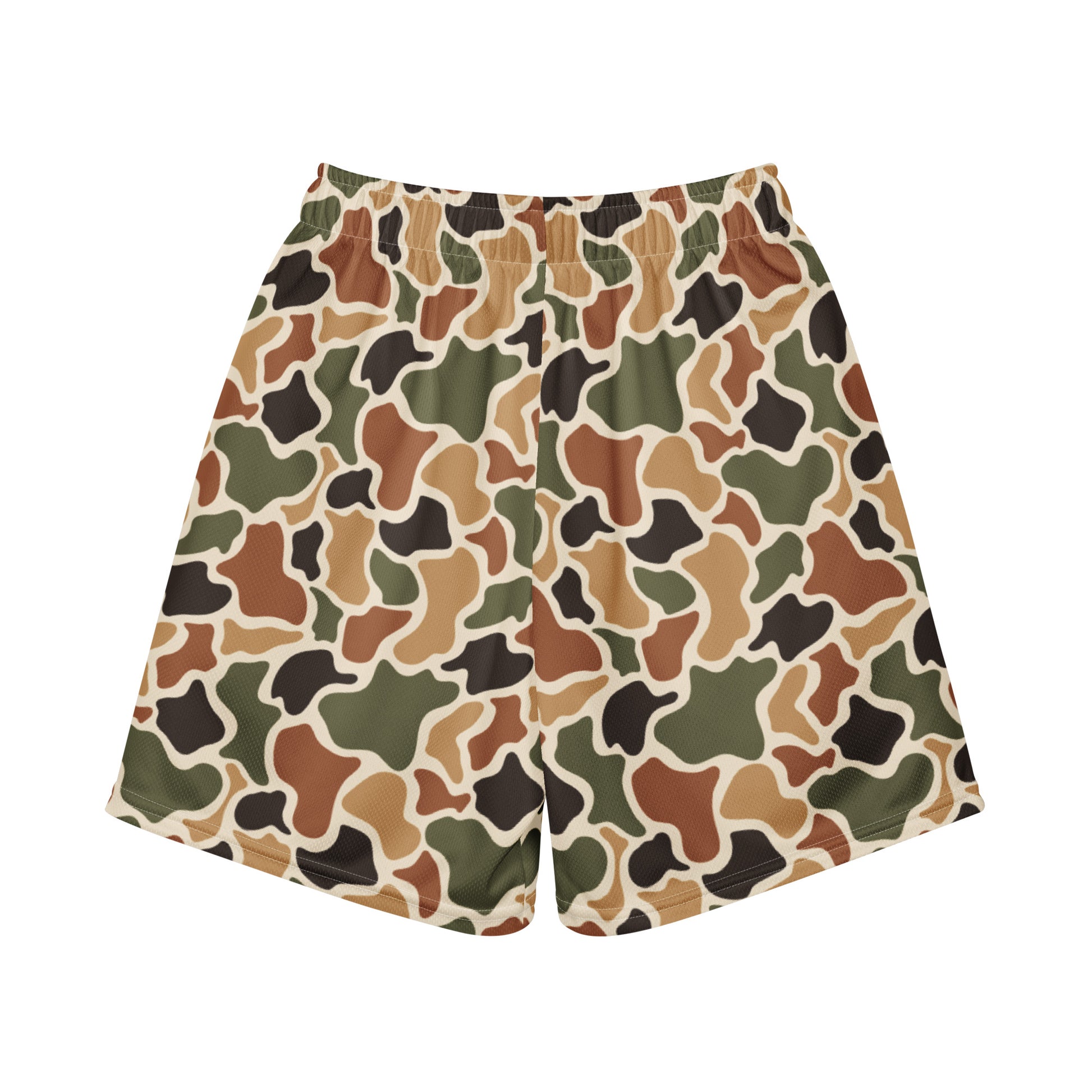 Jax and James Duck Camo Youth Mesh Shorts in brown, tan and olive traditional duck camo, back view