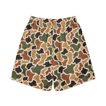 Jax and James Duck Camo Youth Mesh Shorts in brown, tan and olive traditional duck camo, back view