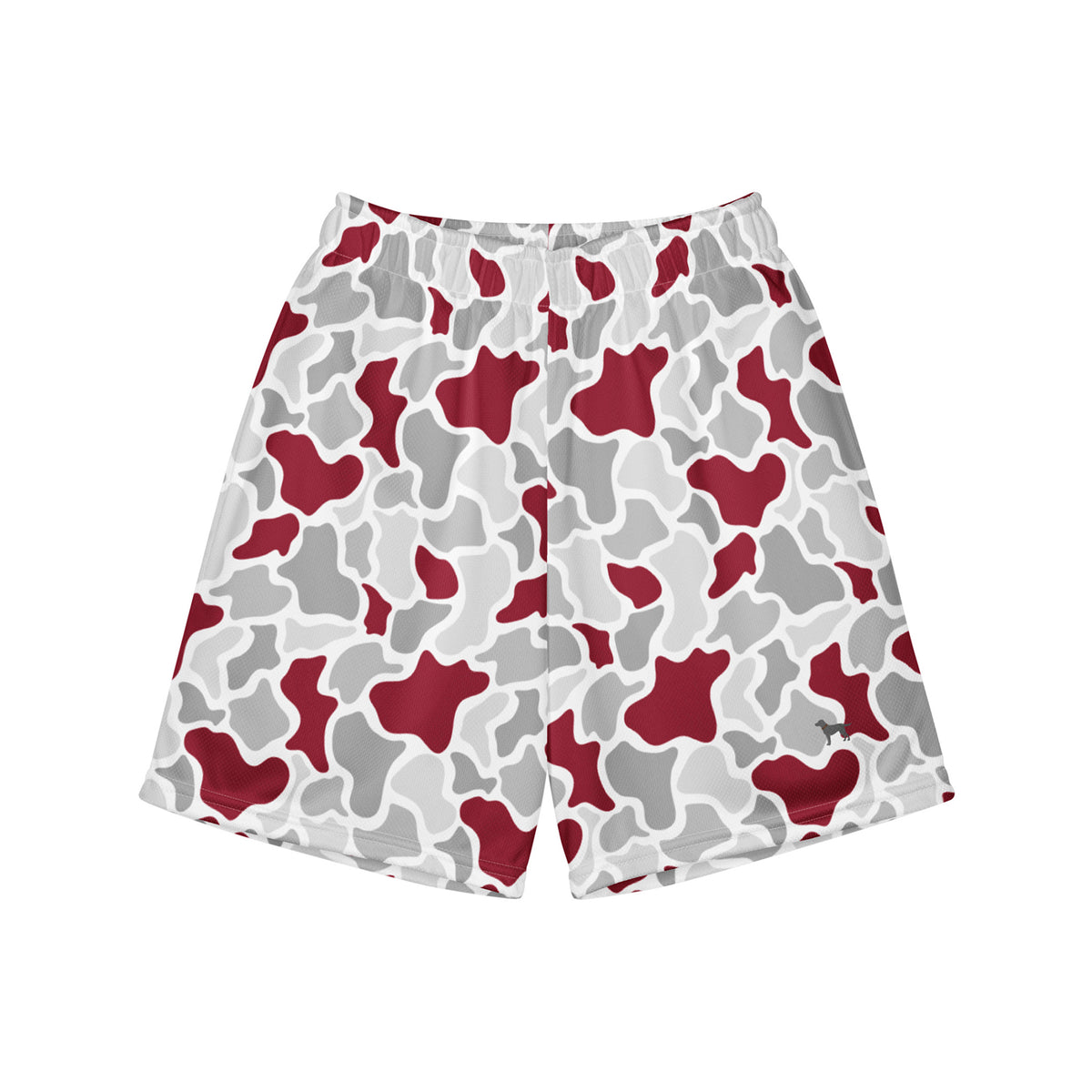 Jax and James Crimson Camo Youth Mesh Shorts in crimson, grey and white duck camo, front view