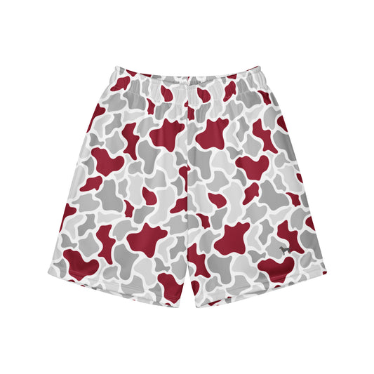Jax and James Crimson Camo Youth Mesh Shorts in crimson, grey and white duck camo, front view