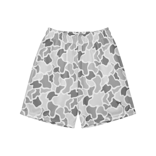 Jax and James Glacier Camo Youth Mesh Shorts in grey and white duck camo, front view