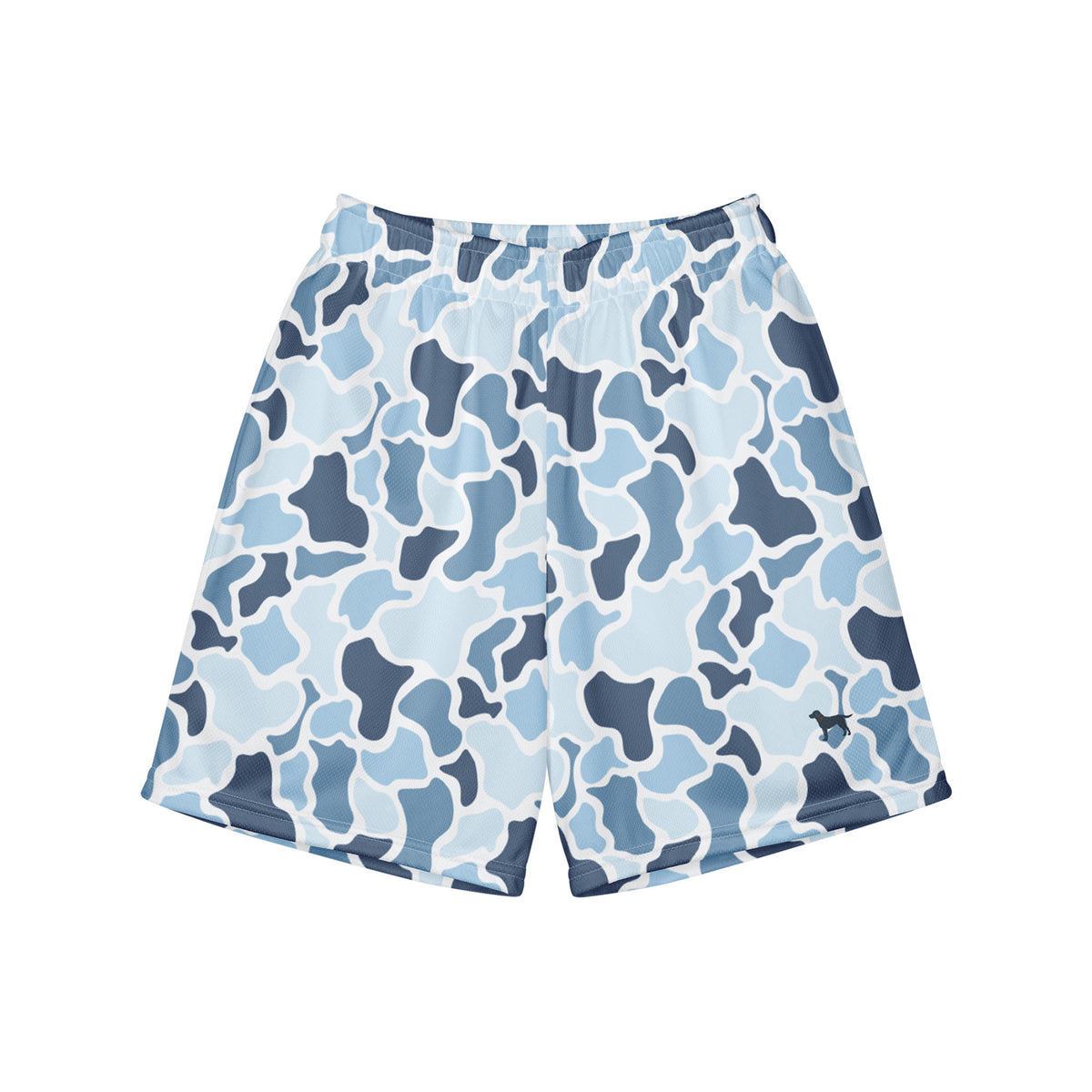 Jax and James Icy Blue Camo Youth Mesh Shorts in light blue, navy and white duck camo, front view