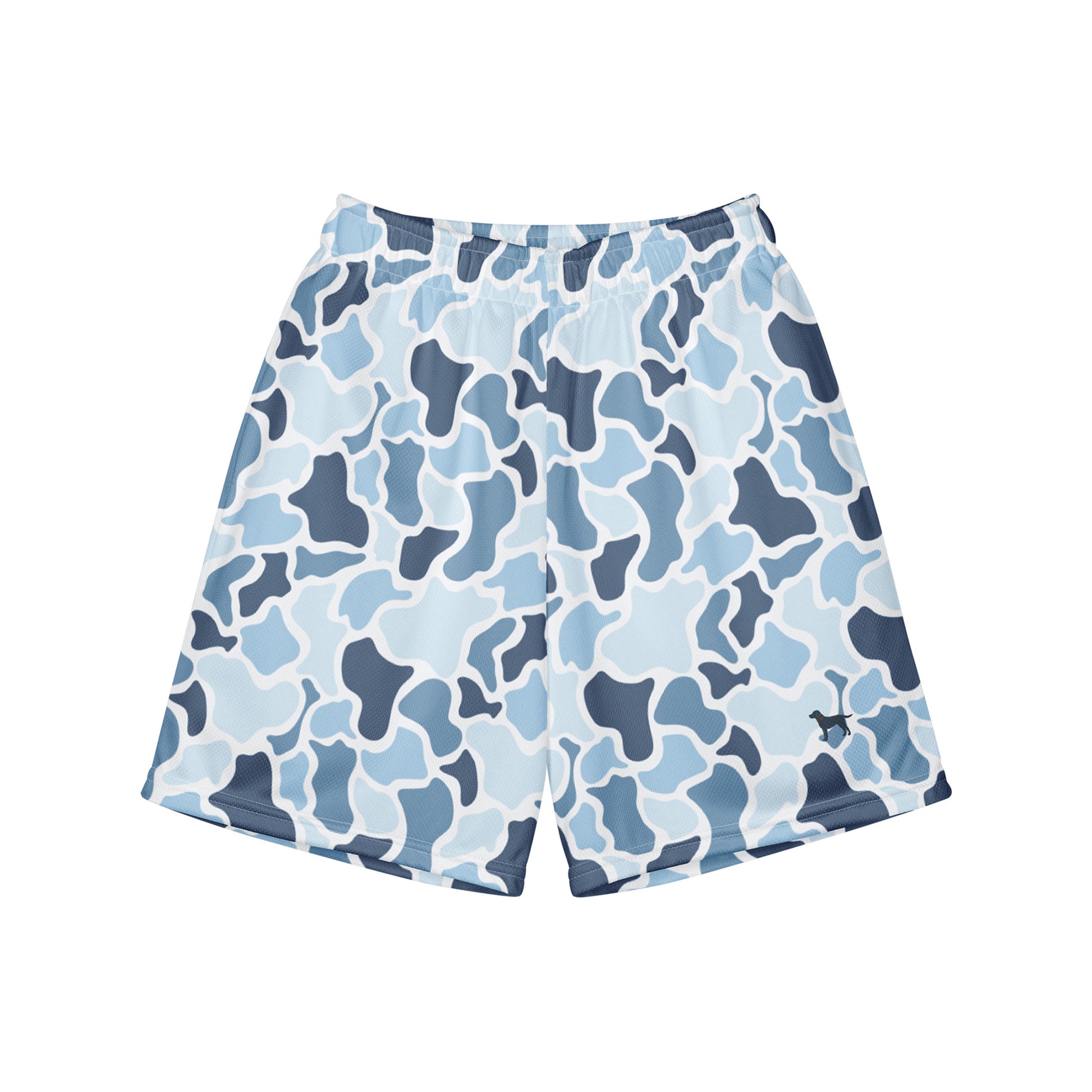 Jax and James Icy Blue Camo Youth Mesh Shorts in light blue, navy and white duck camo, front view