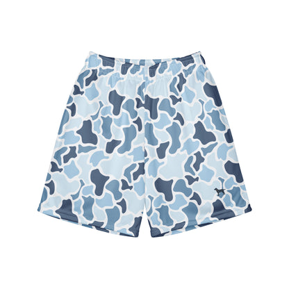 Jax and James Icy Blue Camo Youth Mesh Shorts in light blue, navy and white duck camo, front view