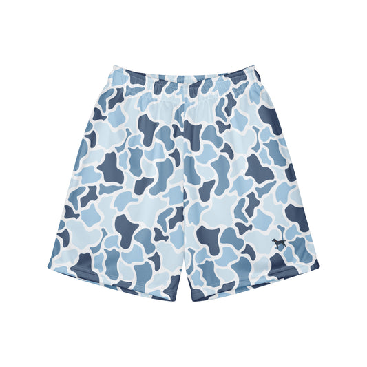 Jax and James Icy Blue Camo Youth Mesh Shorts in light blue, navy and white duck camo, front view