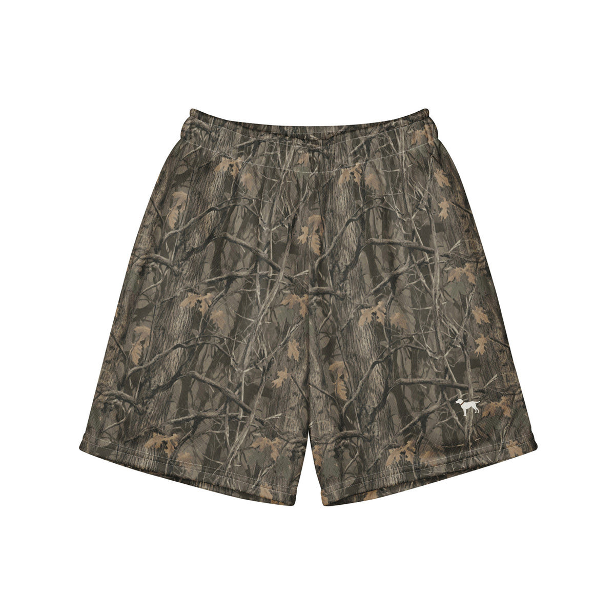 Jax and James Woodland Camo Youth Mesh Shorts in dark brown, olive and black tree camo, front view