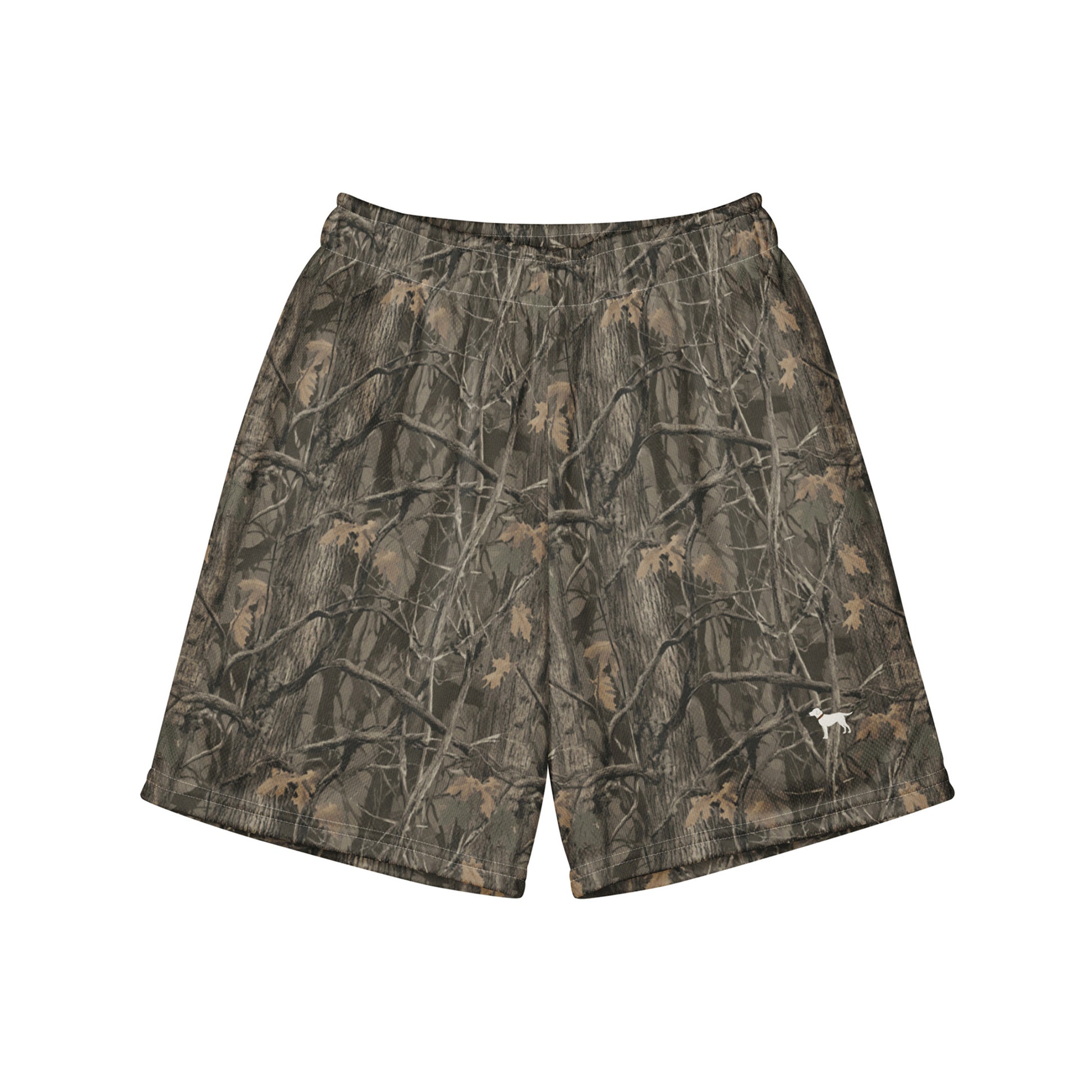 Jax and James Woodland Camo Youth Mesh Shorts in dark brown, olive and black tree camo, front view