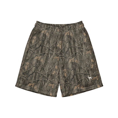 Jax and James Woodland Camo Youth Mesh Shorts in dark brown, olive and black tree camo, front view