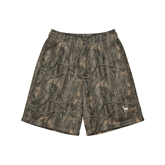 Jax and James Woodland Camo Youth Mesh Shorts in dark brown, olive and black tree camo, front view