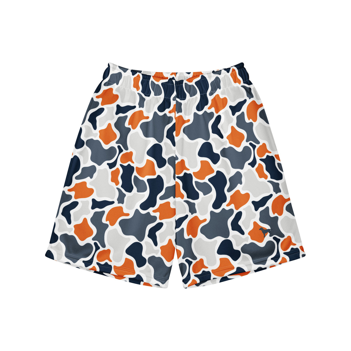 Jax and James Navy & Orange Camo Youth Mesh Shorts in navy, orange and grey duck camo, front view