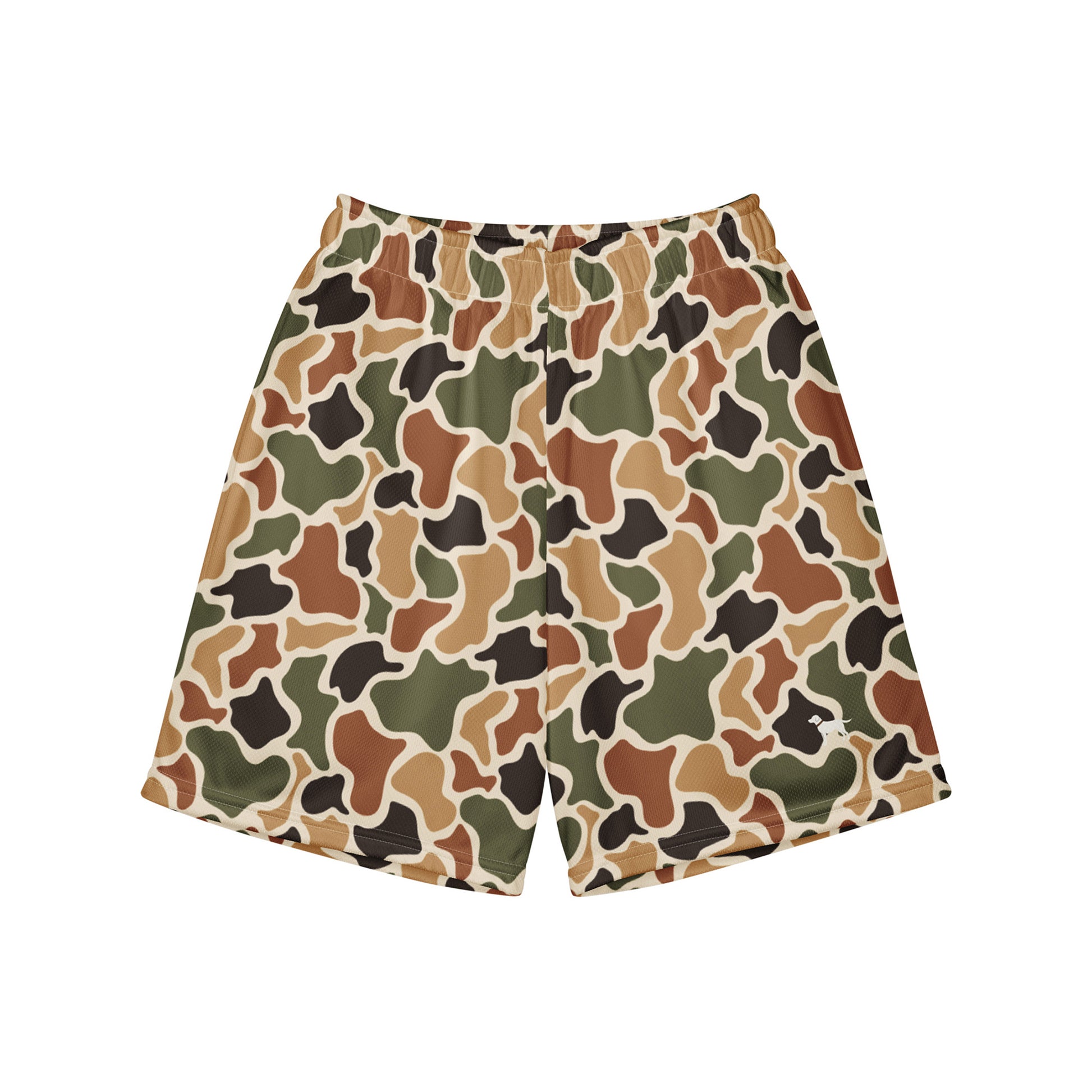 Jax and James Duck Camo Youth Mesh Shorts in brown, tan and olive traditional duck camo, front view