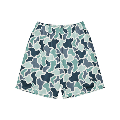 Jax and James Sadie Camo Youth Mesh Shorts in sage, grey and cream duck camo, front view