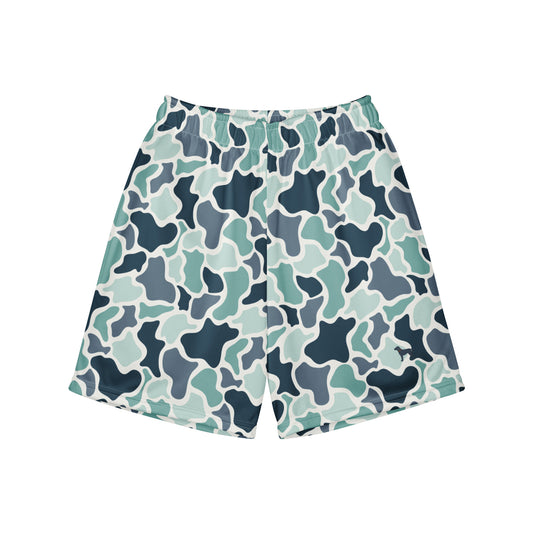 Jax and James Sadie Camo Youth Mesh Shorts in sage, grey and cream duck camo, front view