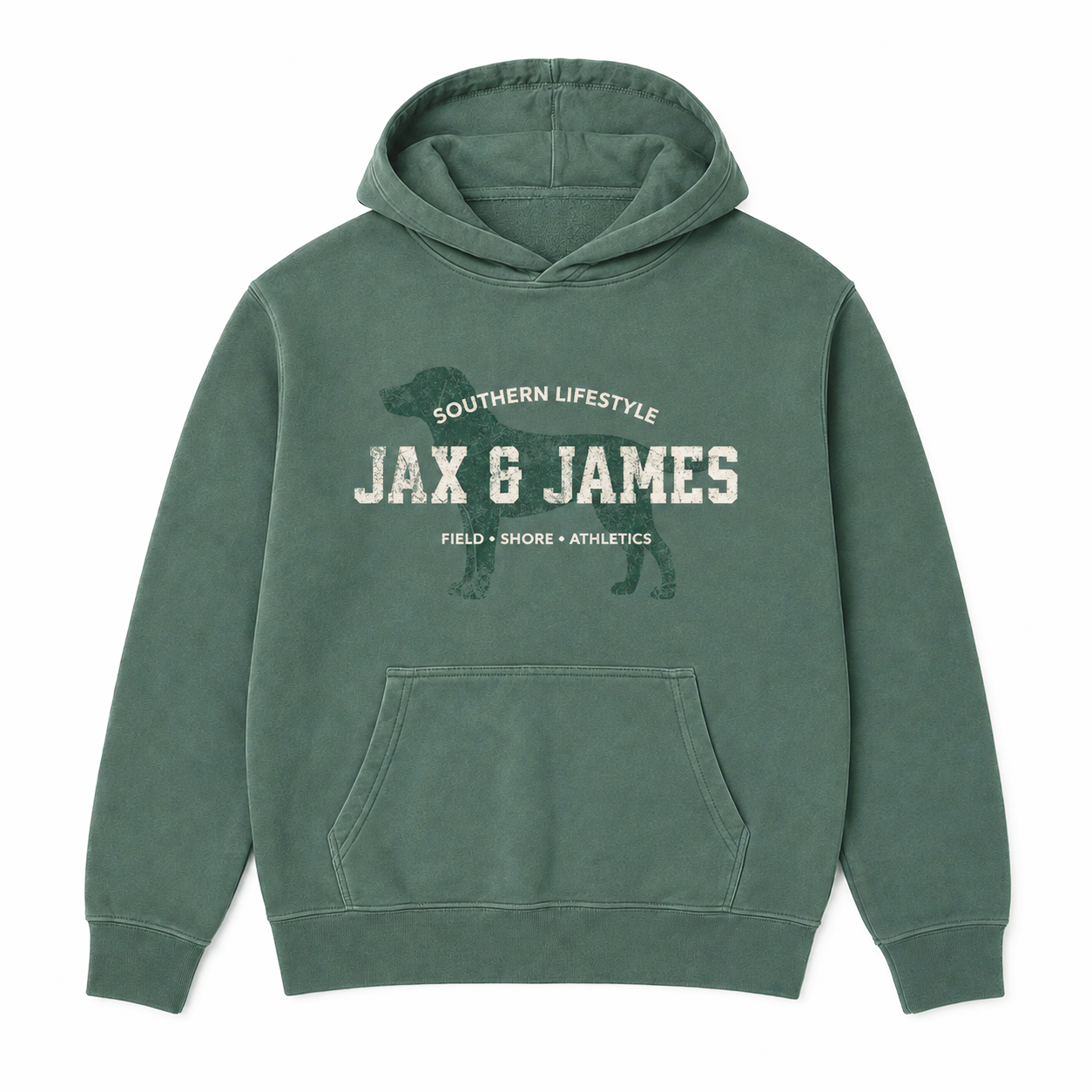 Jax & James Field Shore Athletics pigment-dyed hoodie in Alpine Green with distressed Labrador graphic