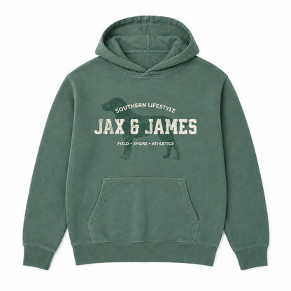 Jax & James Field Shore Athletics pigment-dyed hoodie in Alpine Green with distressed Labrador graphic