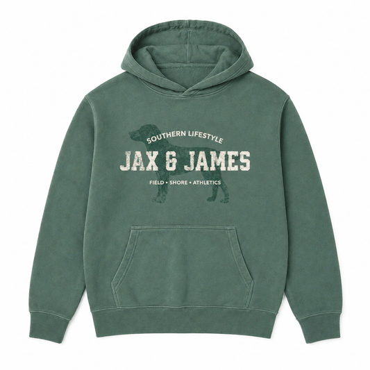 Jax & James Field Shore Athletics pigment-dyed hoodie in Alpine Green with distressed Labrador graphic