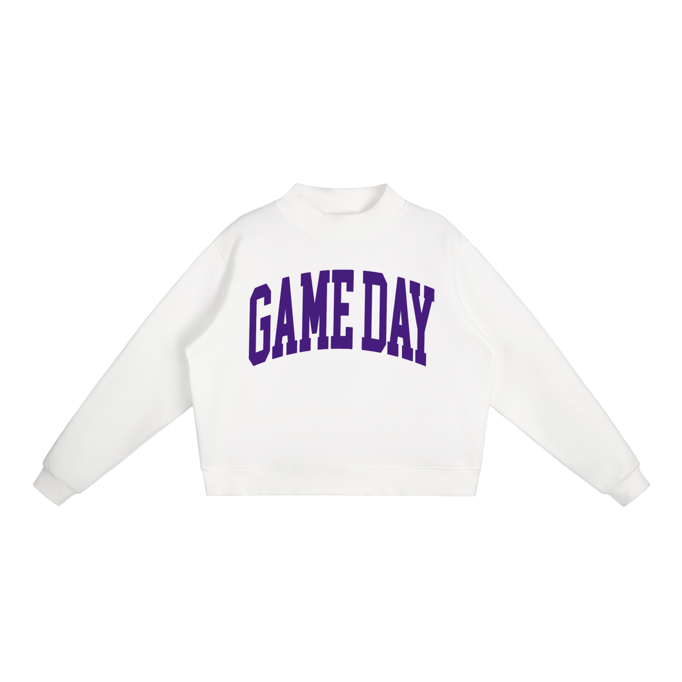 Game Day Mock Neck Sweatshirt in White with Purple artwork