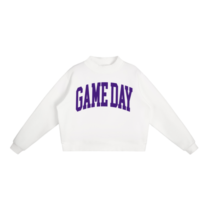Game Day Mock Neck Sweatshirt in White with Purple artwork