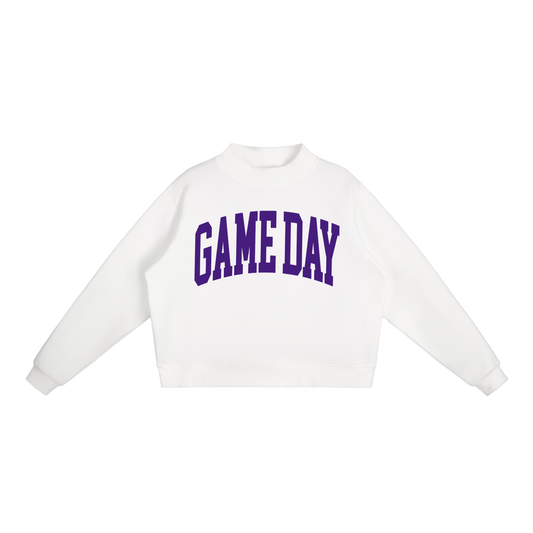 Game Day Mock Neck Sweatshirt in White with Purple artwork