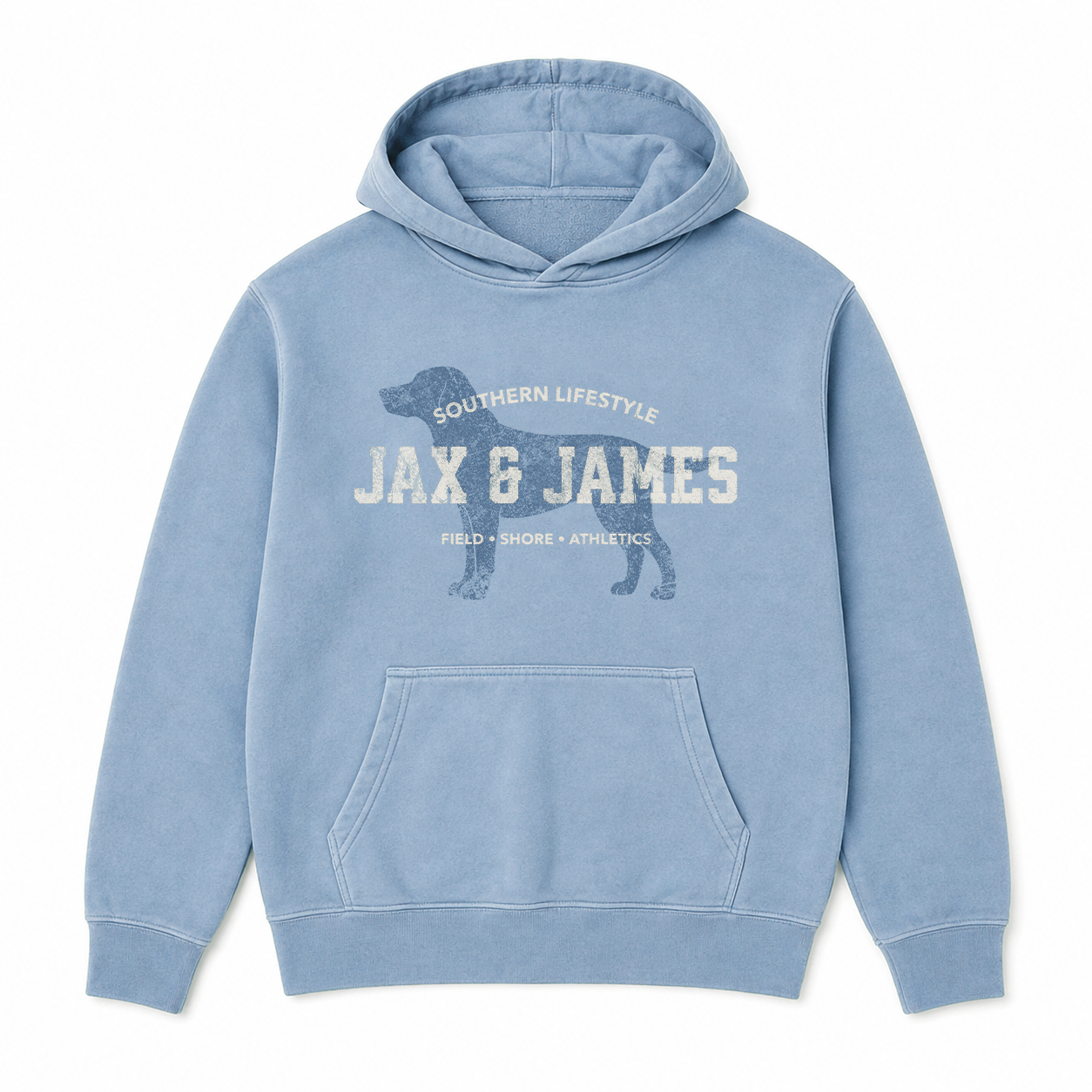 Jax & James Field Shore Athletics pigment-dyed hoodie in Washed Denim with distressed Labrador graphic