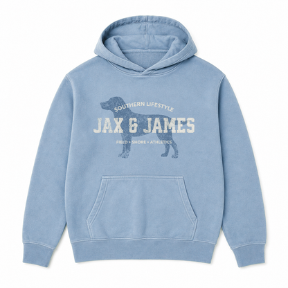 Jax & James Field Shore Athletics pigment-dyed hoodie in Washed Denim with distressed Labrador graphic