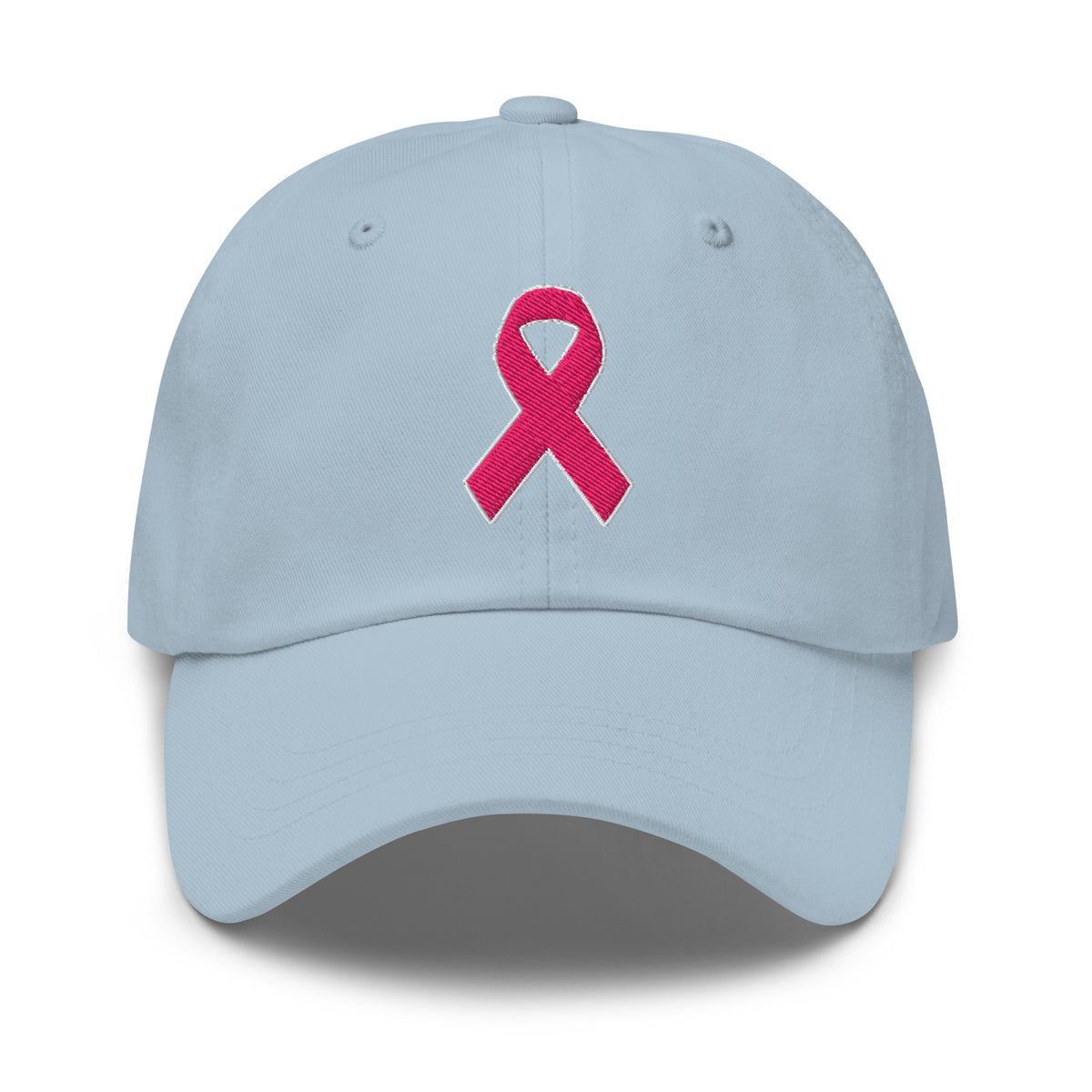 Front view of a light blue baseball hat with an embroidered pink awareness ribbon