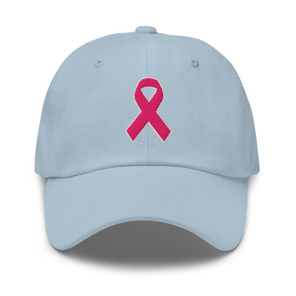 Front view of a light blue baseball hat with an embroidered pink awareness ribbon