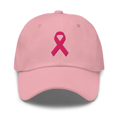Front view of a pink baseball hat with an embroidered pink awareness ribbon