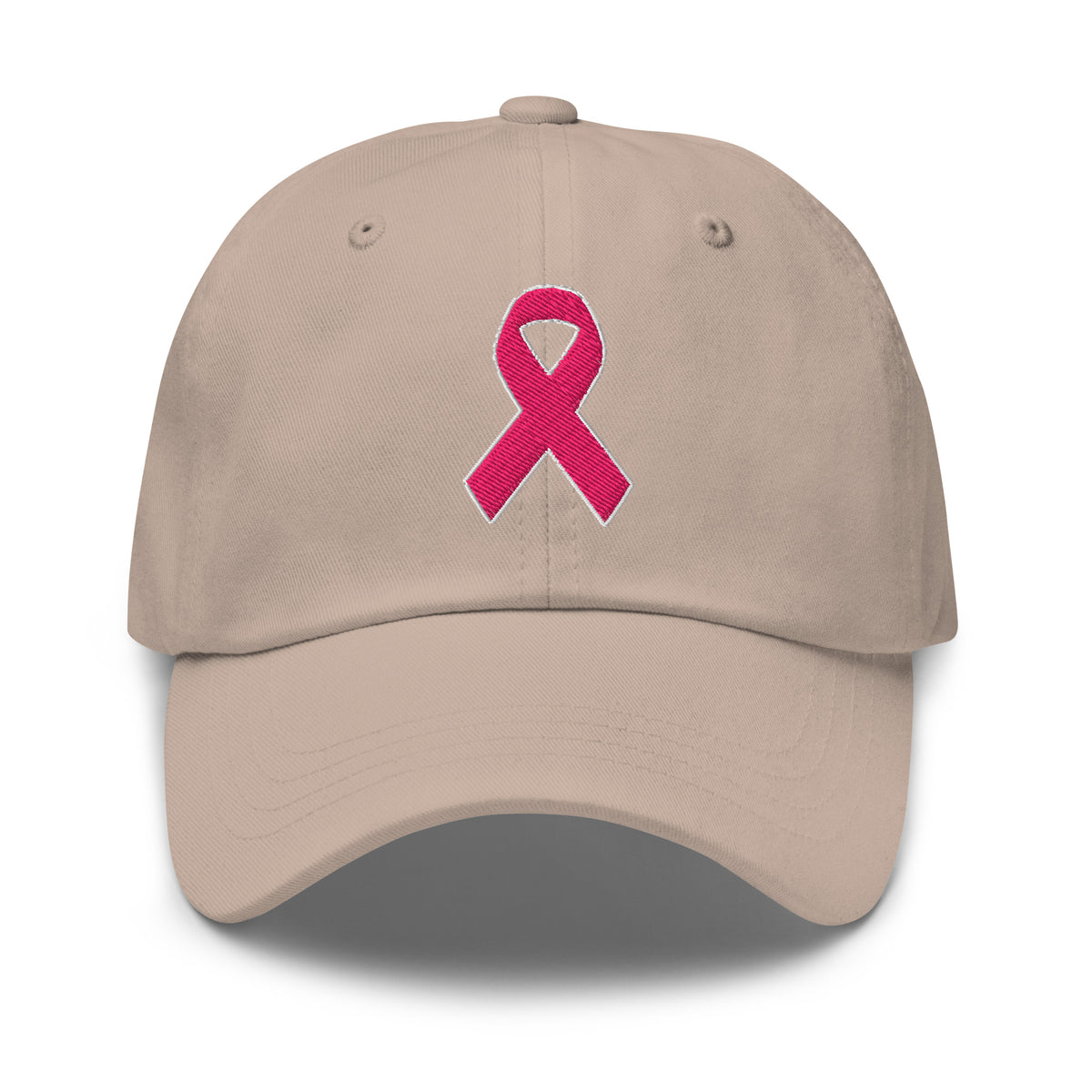 Front view of a stone baseball hat with an embroidered pink awareness ribbon