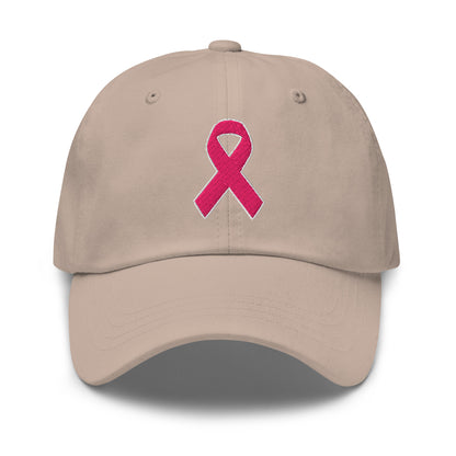 Front view of a stone baseball hat with an embroidered pink awareness ribbon
